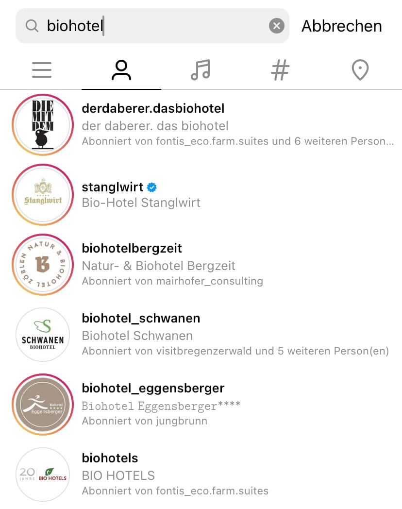 Profilbilder auf Instagram zur Suche nach Biohotels
