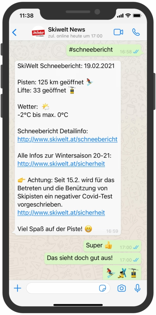 WhatsApp Chatverlauf mit Schneebericht der Destination